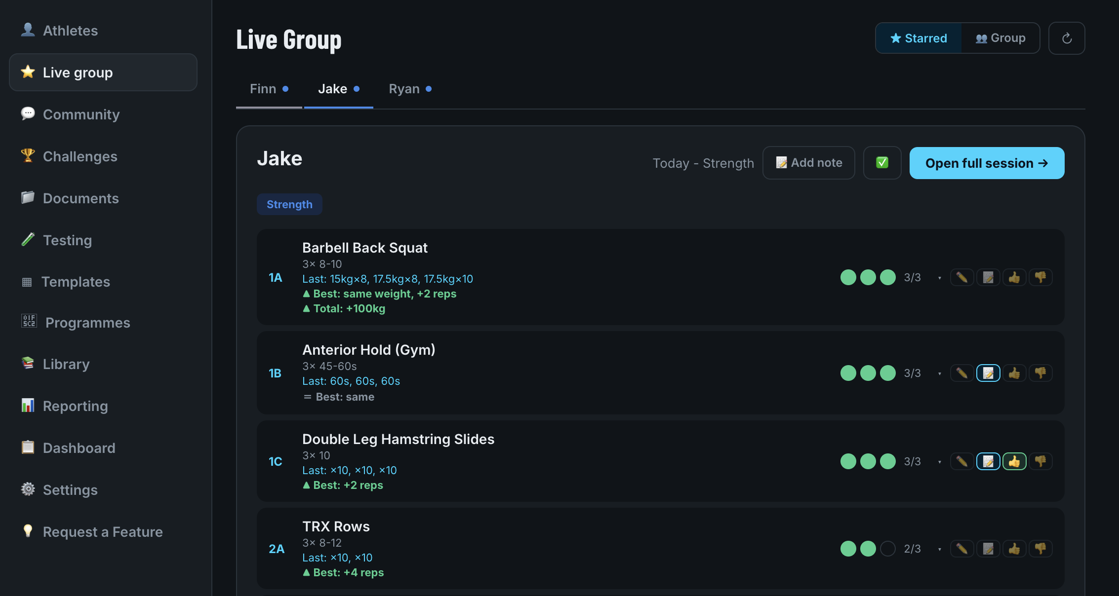 VIS BUILD Live Group screen showing Jake's completed sets, previous results and performance improvements