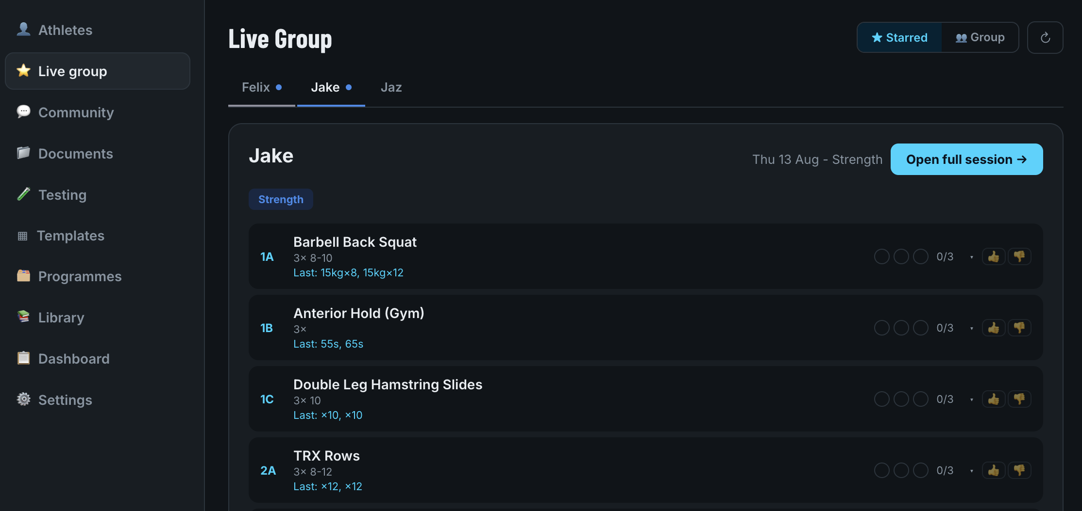 VIS BUILD Live Group screen showing Jake's strength session and rapid set tracking
