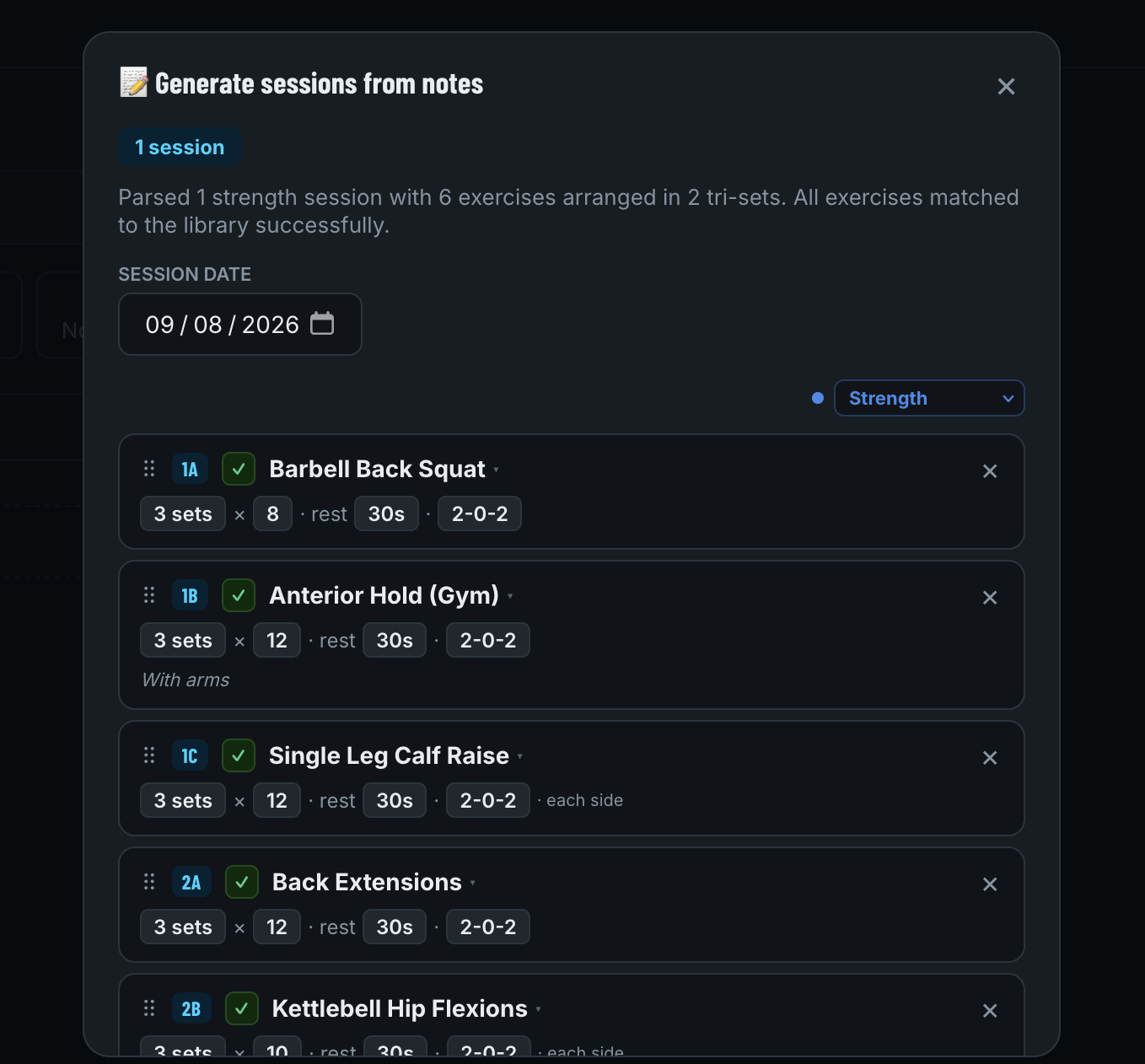 VIS BUILD programme review screen showing a parsed strength session and matched exercises